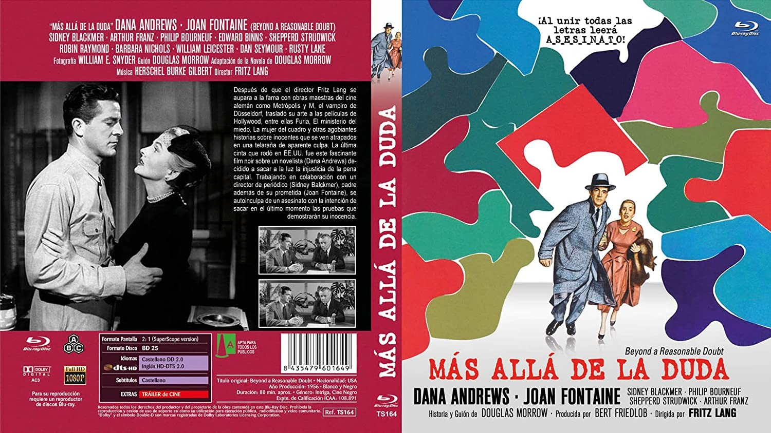 Carátula de la película Más allá de la duda con escenas en blanco y negro y piezas de rompecabezas de colores.