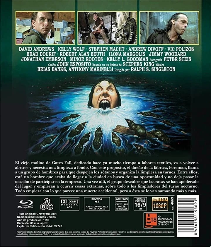 Carátula de la película Graveyard Shift con una persona gritando en el agua rodeada de ratas.