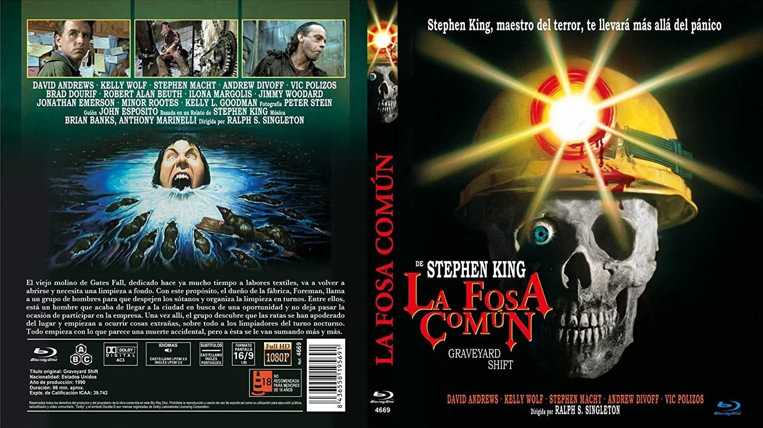 Carátula Blu-ray de Graveyard Shift de Stephen King con calavera en casco.