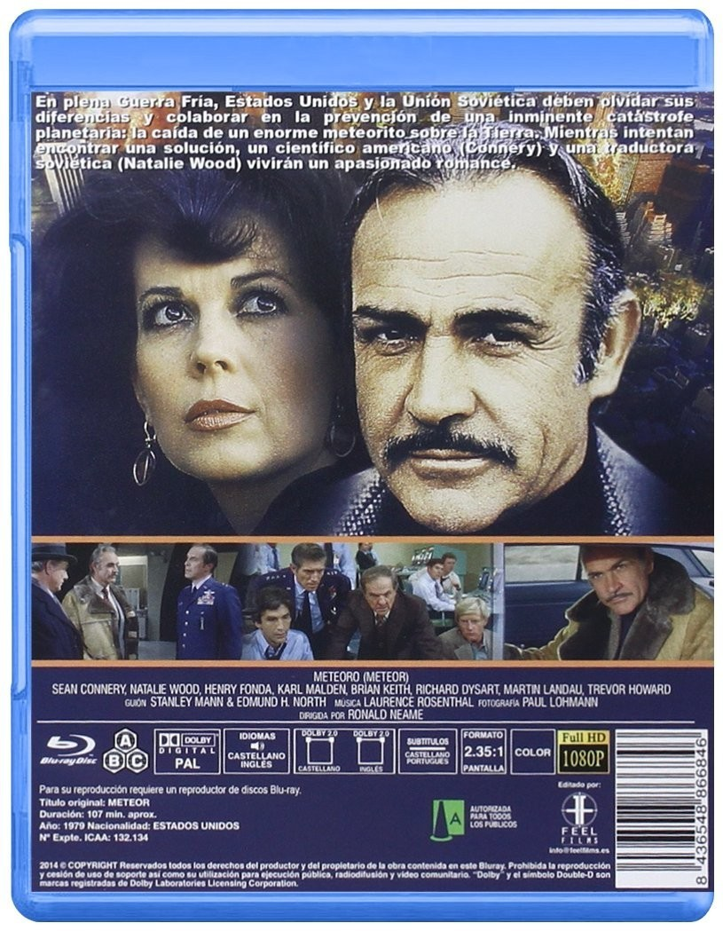 Contraportada de un Blu-ray de Meteor con Sean Connery, Natalie Wood, texto y fotogramas.