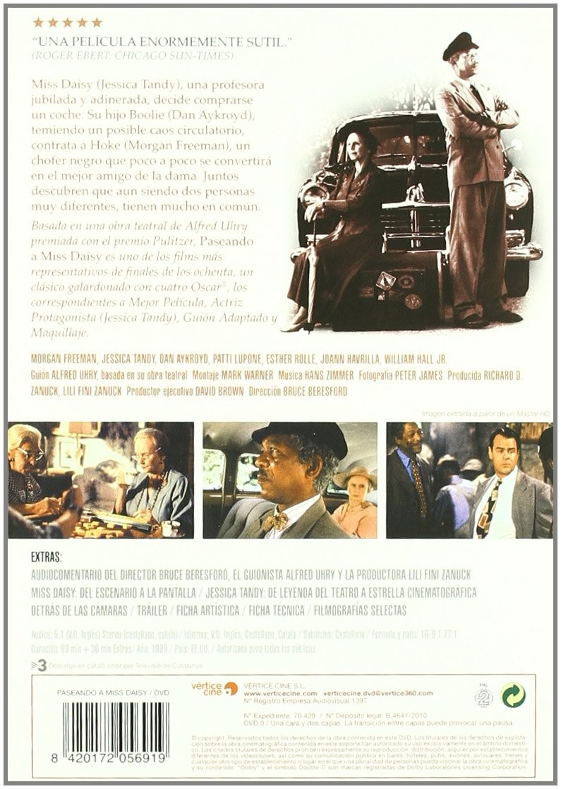 Contraportada del DVD de Paseando a Miss Daisy con imágenes, info de actores y resumen.