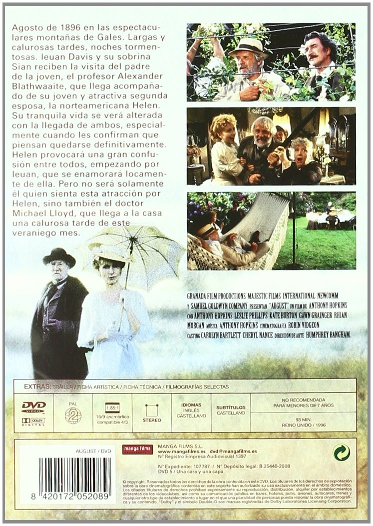Carátula de la película August con fotos de actores, fotogramas y texto en la parte posterior.