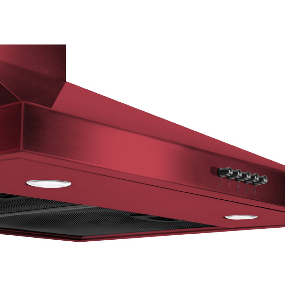 A red range hood with black control knobs and integrated lights.