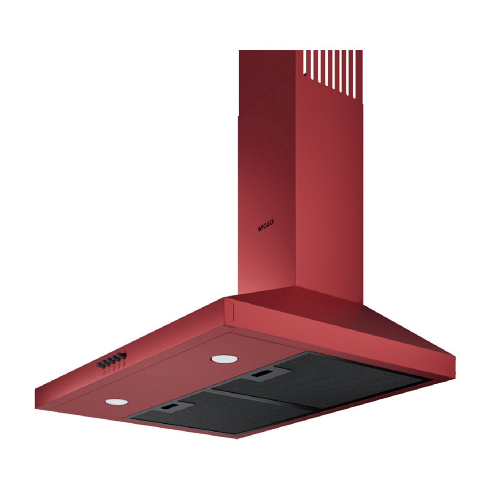 A modern, burgundy red kitchen range hood with black filters and control buttons on a white background.