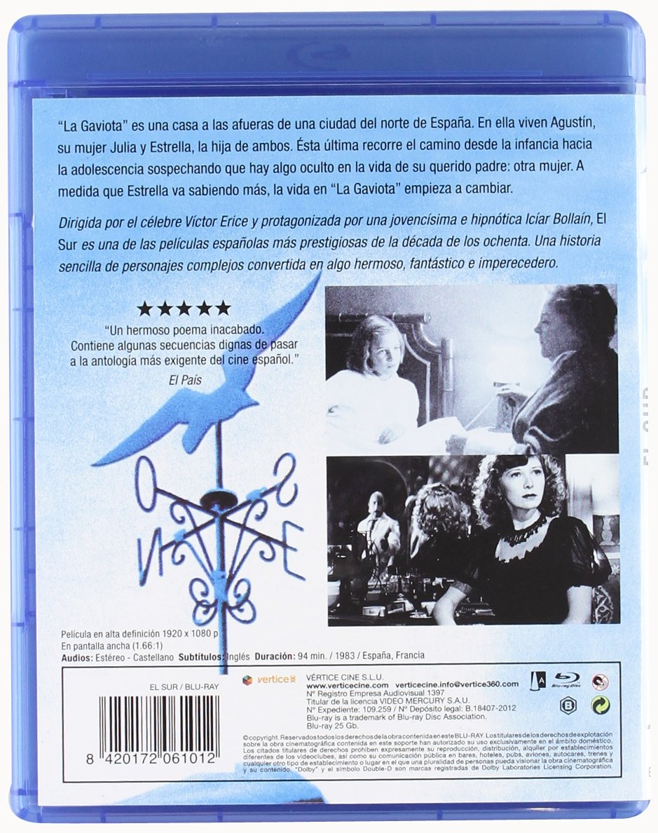Contraportada de una caja azul de Blu-ray con sinopsis en español, fotos de escenas en blanco y negro y código de barras.