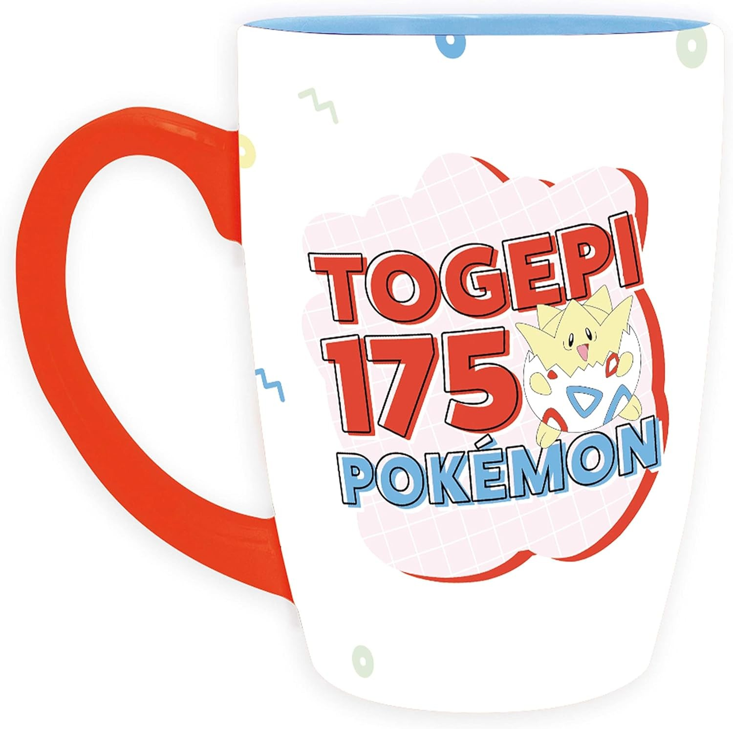 Taza blanca con asa roja, gráfico de Togepi y texto Togepi 175 Pokémon.