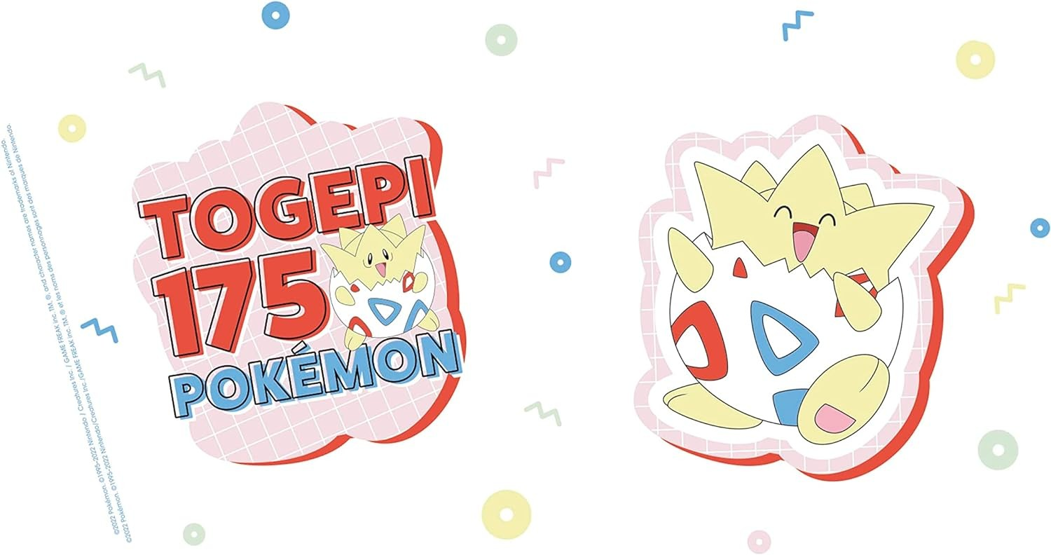 Diseño de Togepi Pokémon con nombre y número 175 sobre fondo blanco con formas coloridas.