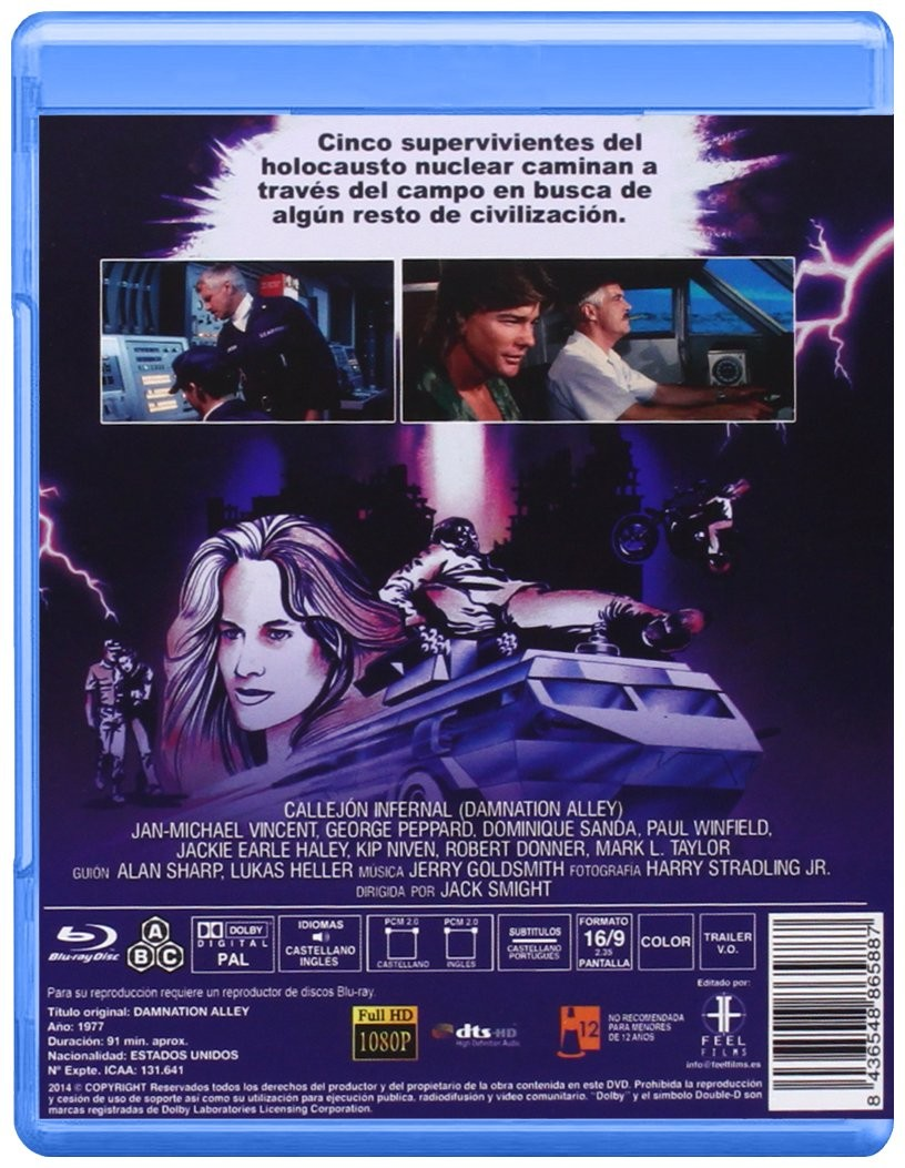 Contraportada de un Blu-ray de Damnation Alley con fotogramas, arte y créditos.