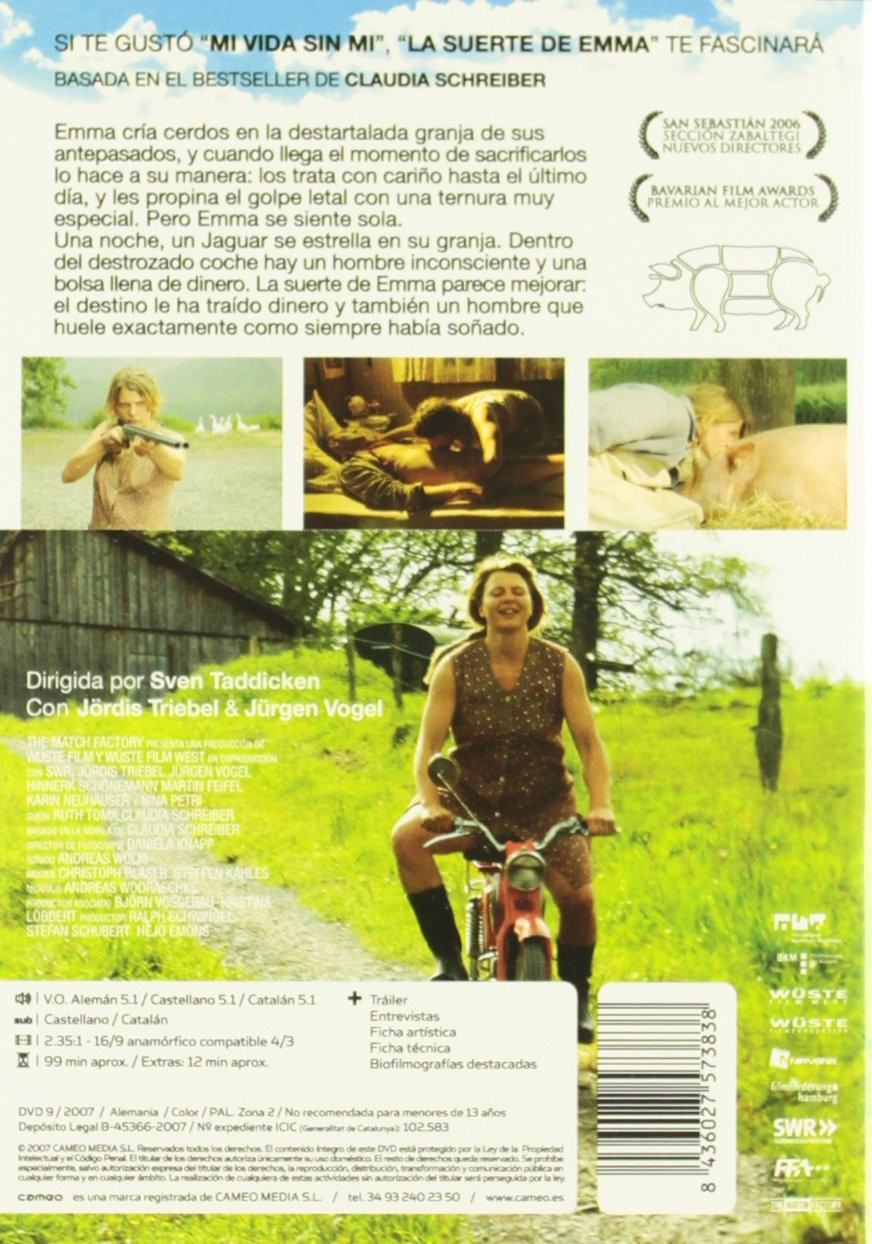 Contraportada de DVD con info de la película, fotos y una mujer sonriendo en ciclomotor rojo.
