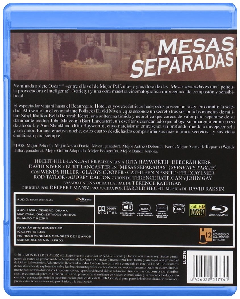 Contraportada del Blu-ray de Mesas separadas, con fotogramas, sinopsis, reparto e información técnica.