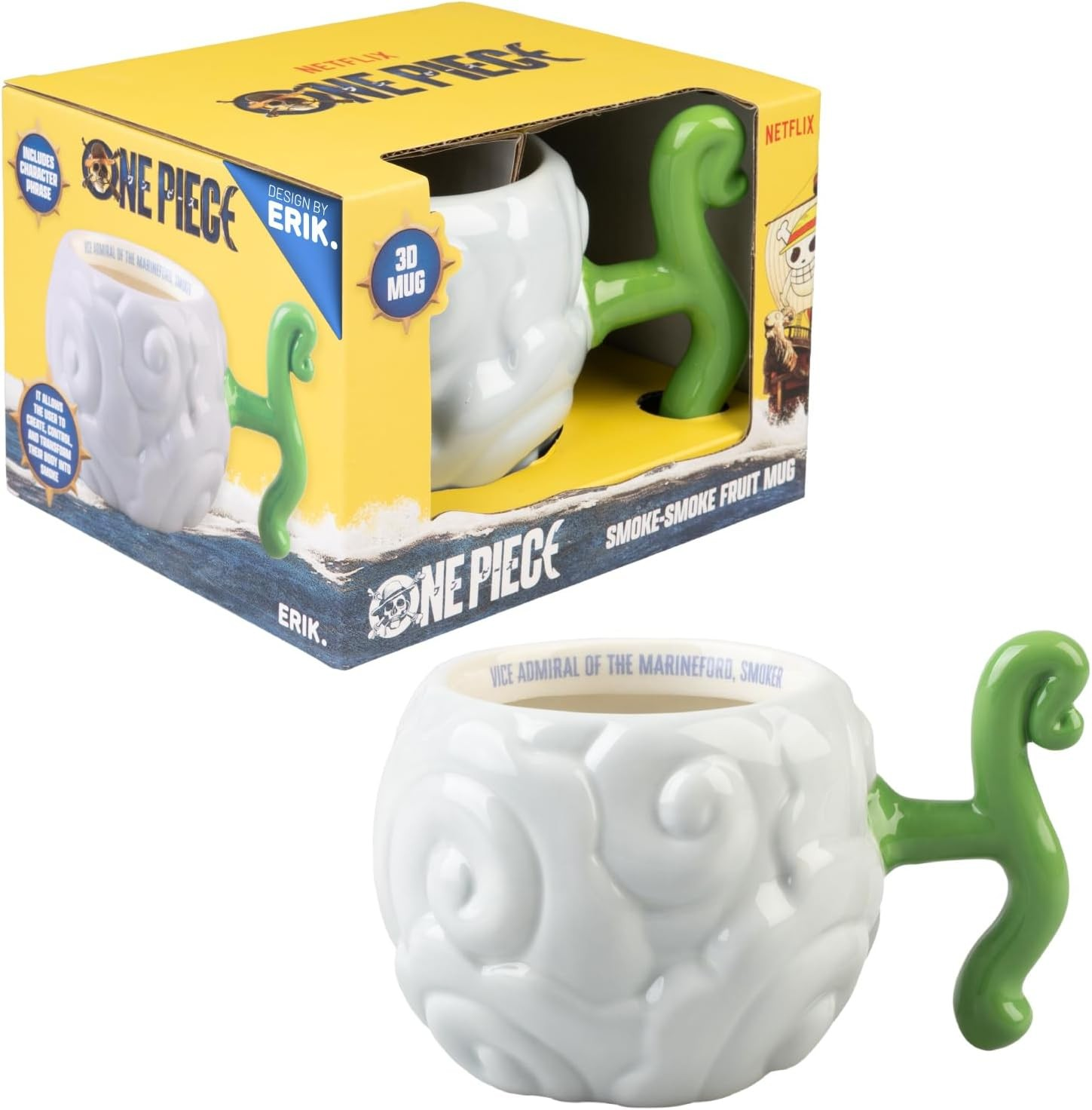 Una taza blanca de la Fruta del Diablo de One Piece con asa verde, junto a su caja amarilla.