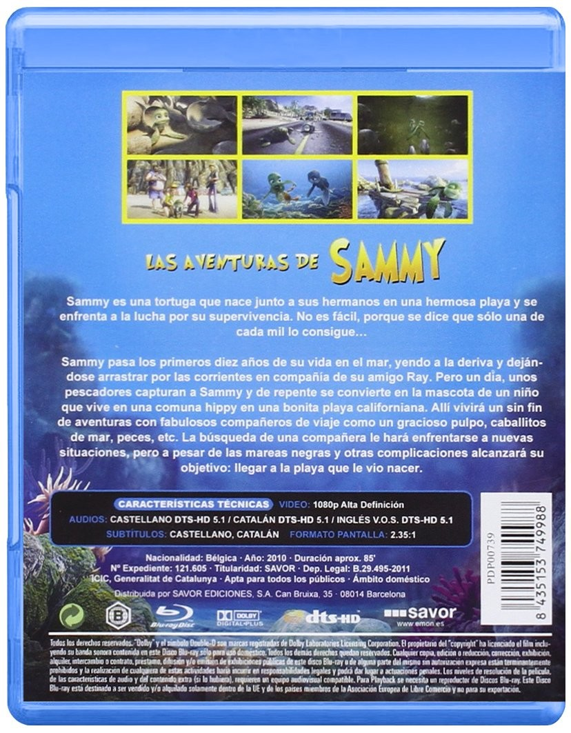 La trasera de una caja azul de Blu-ray de la película Las Aventuras de Sammy, con fotogramas y texto.
