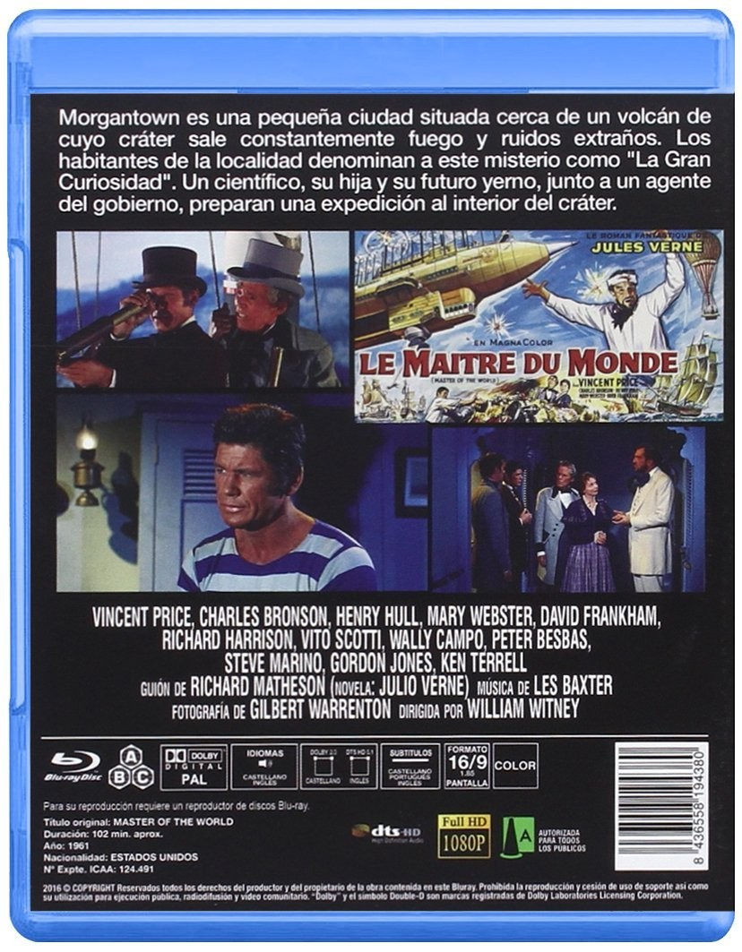 Contraportada de un Blu-ray de Master of the World con fotogramas, sinopsis y créditos del reparto.