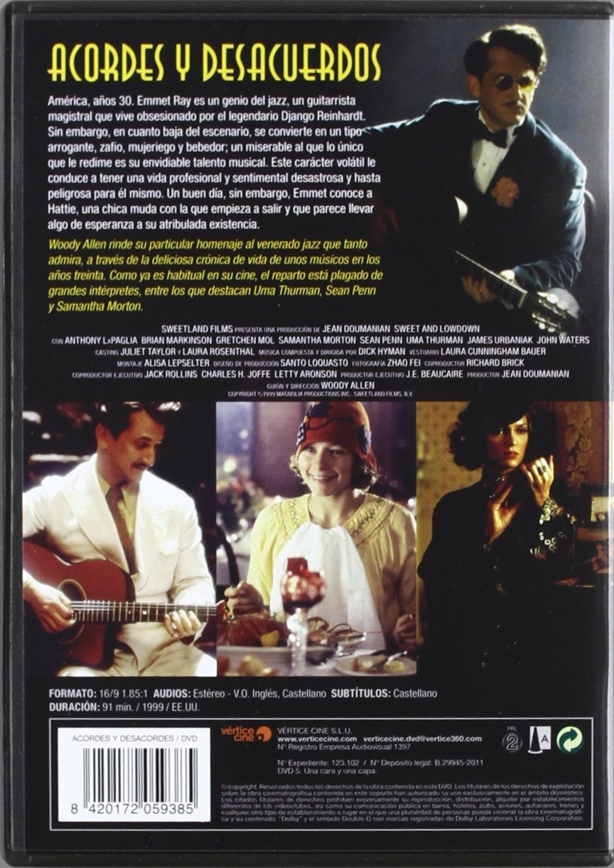 Contraportada del DVD de la pelicula Sweet and Lowdown con Sean Penn y texto en español.