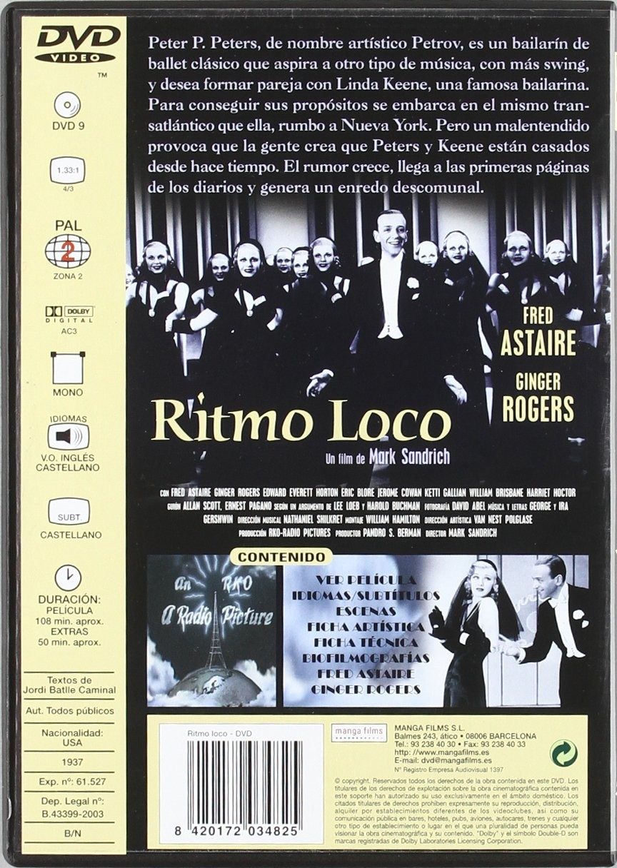 Contraportada del DVD Ritmo Loco con Fred Astaire y Ginger Rogers, incluyendo fotos del reparto y sinopsis.