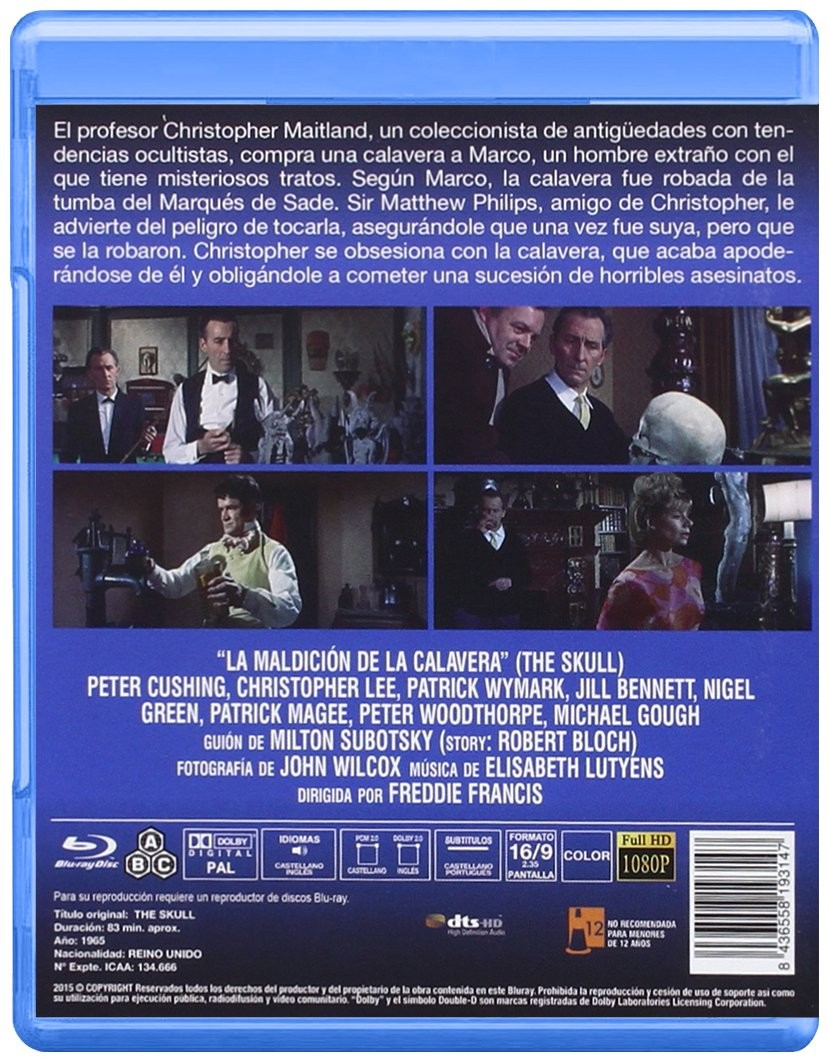 Contraportada de Blu-ray de La maldición de la calavera con sinopsis y fotogramas.