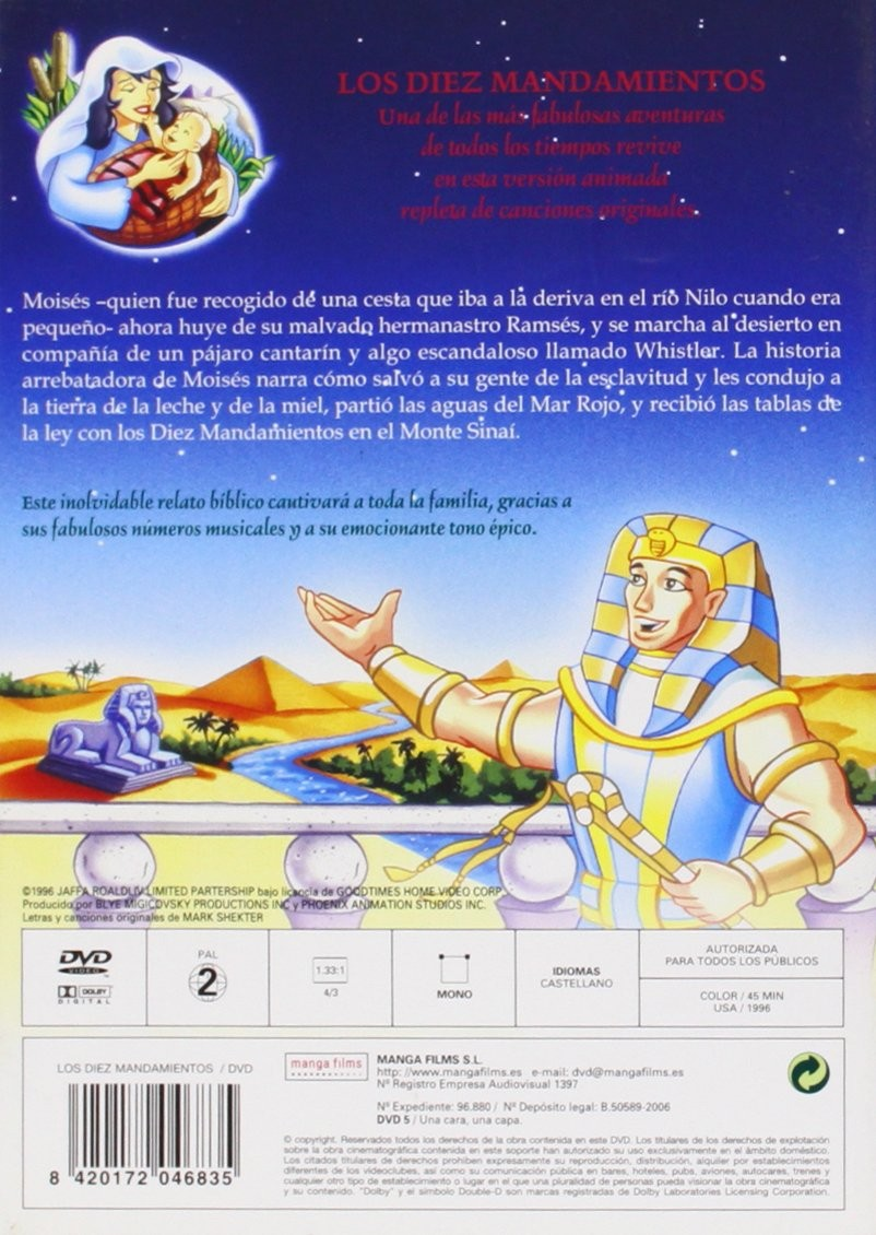 Contraportada de DVD animada de Los Diez Mandamientos con un personaje egipcio, pirámides y texto.