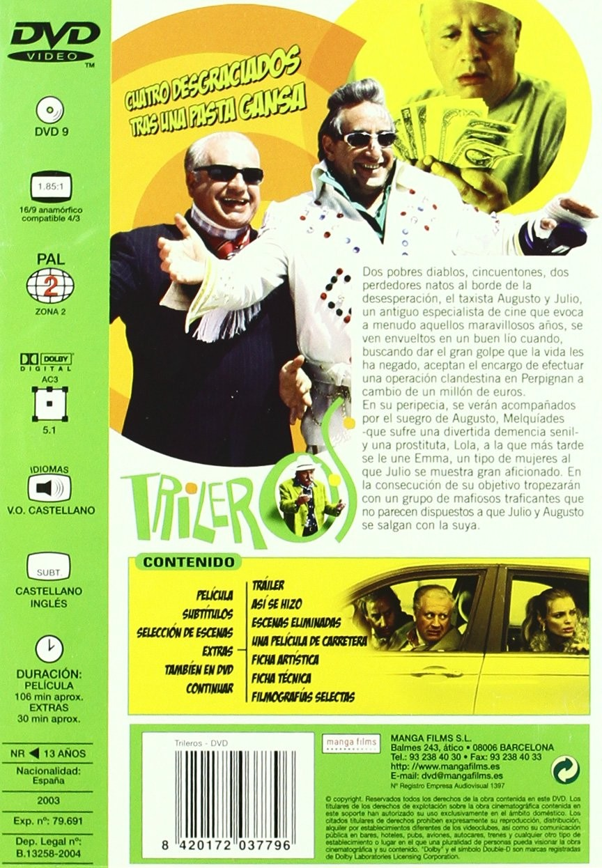 Carátula de DVD con tres hombres, texto, código de barras y detalles en verde.