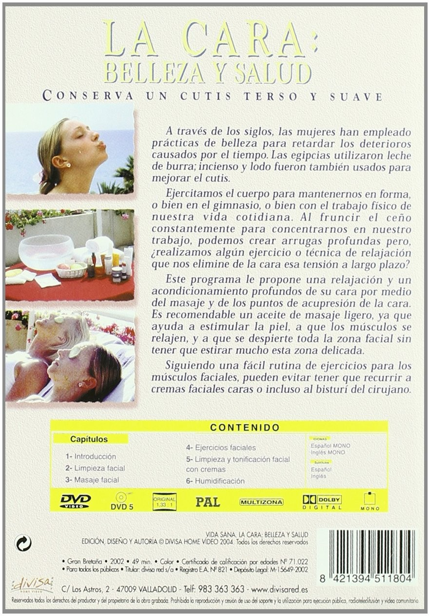 Carátula de DVD española para La Cara: Belleza y Salud con imágenes de spa y texto.