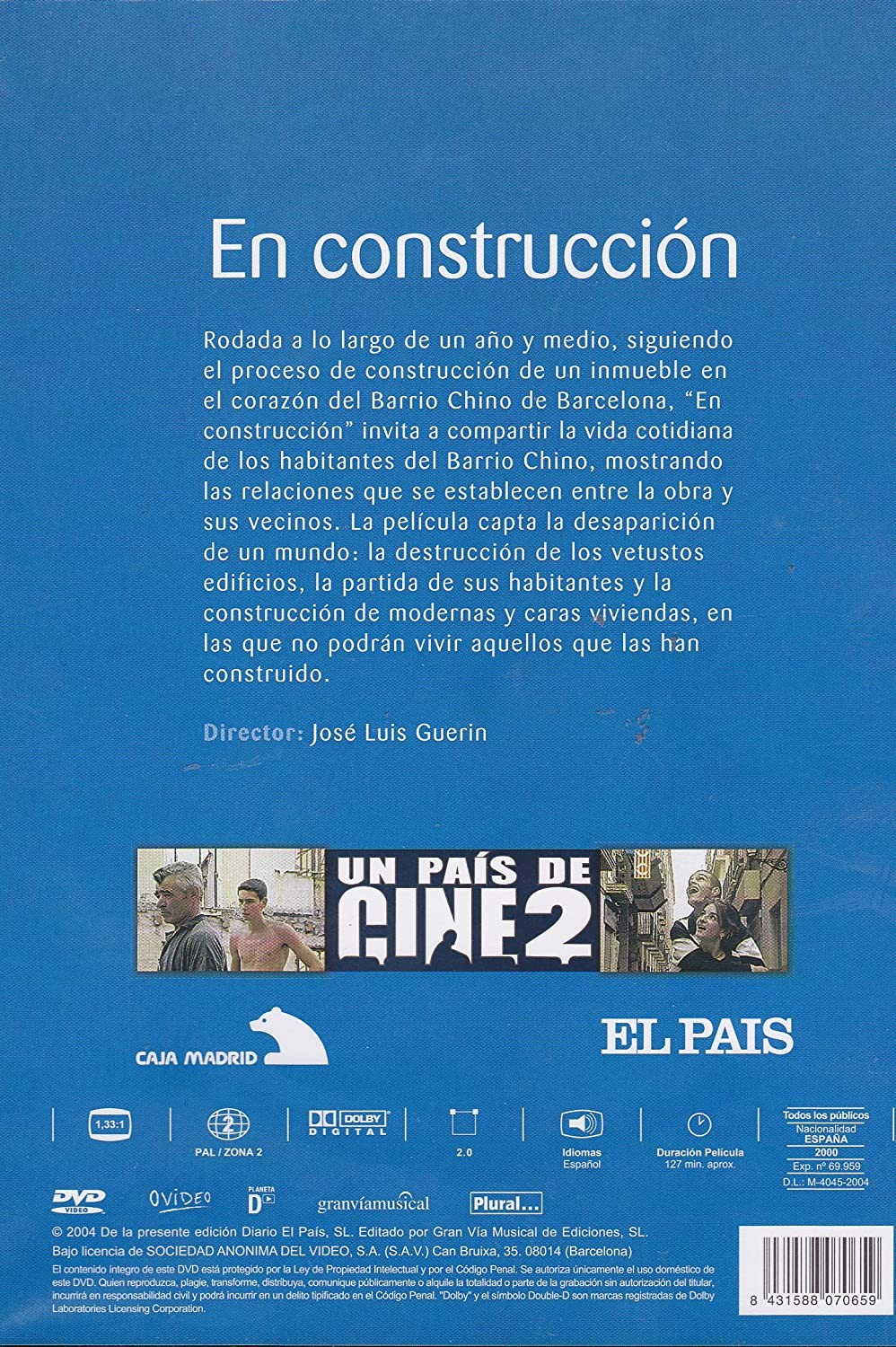 Contraportada de DVD azul con texto blanco, una pequeña escena y logotipos.