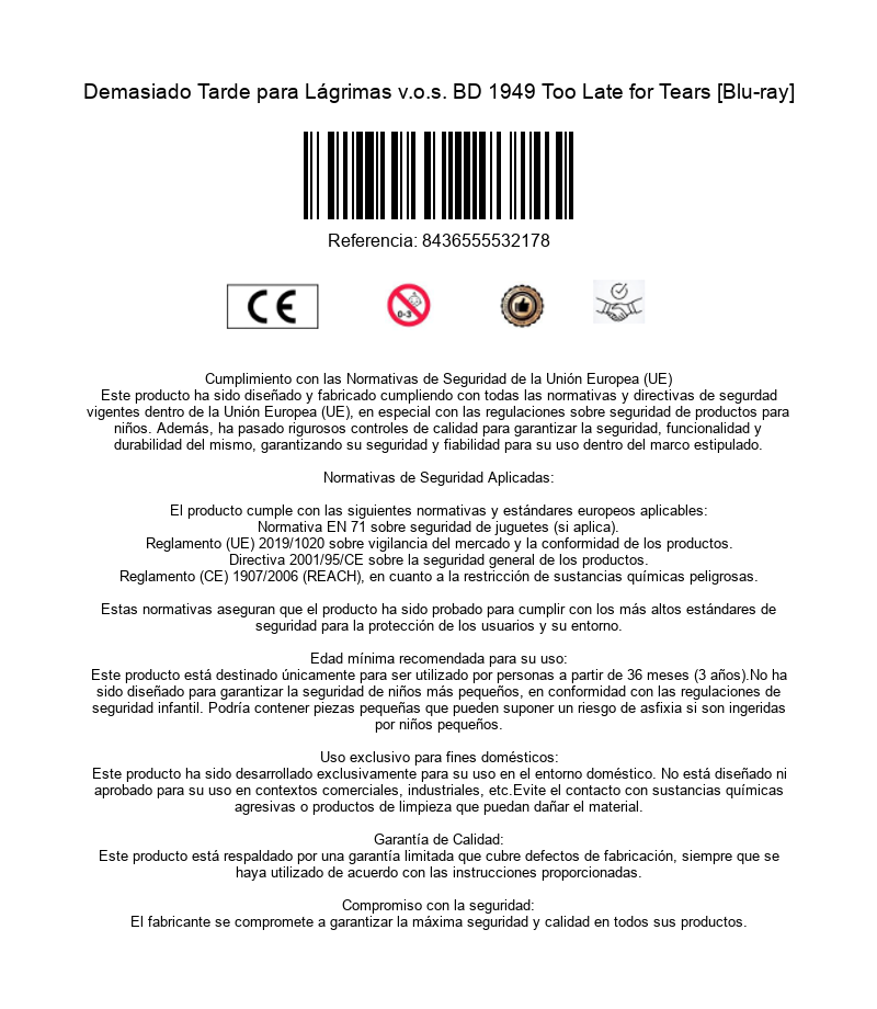 Información de producto con código de barras, marca CE y texto sobre cumplimiento de seguridad de la UE.