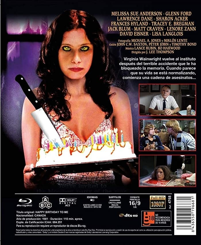 Cartel de cine con una mujer, un cuchillo en un pastel y escenas.