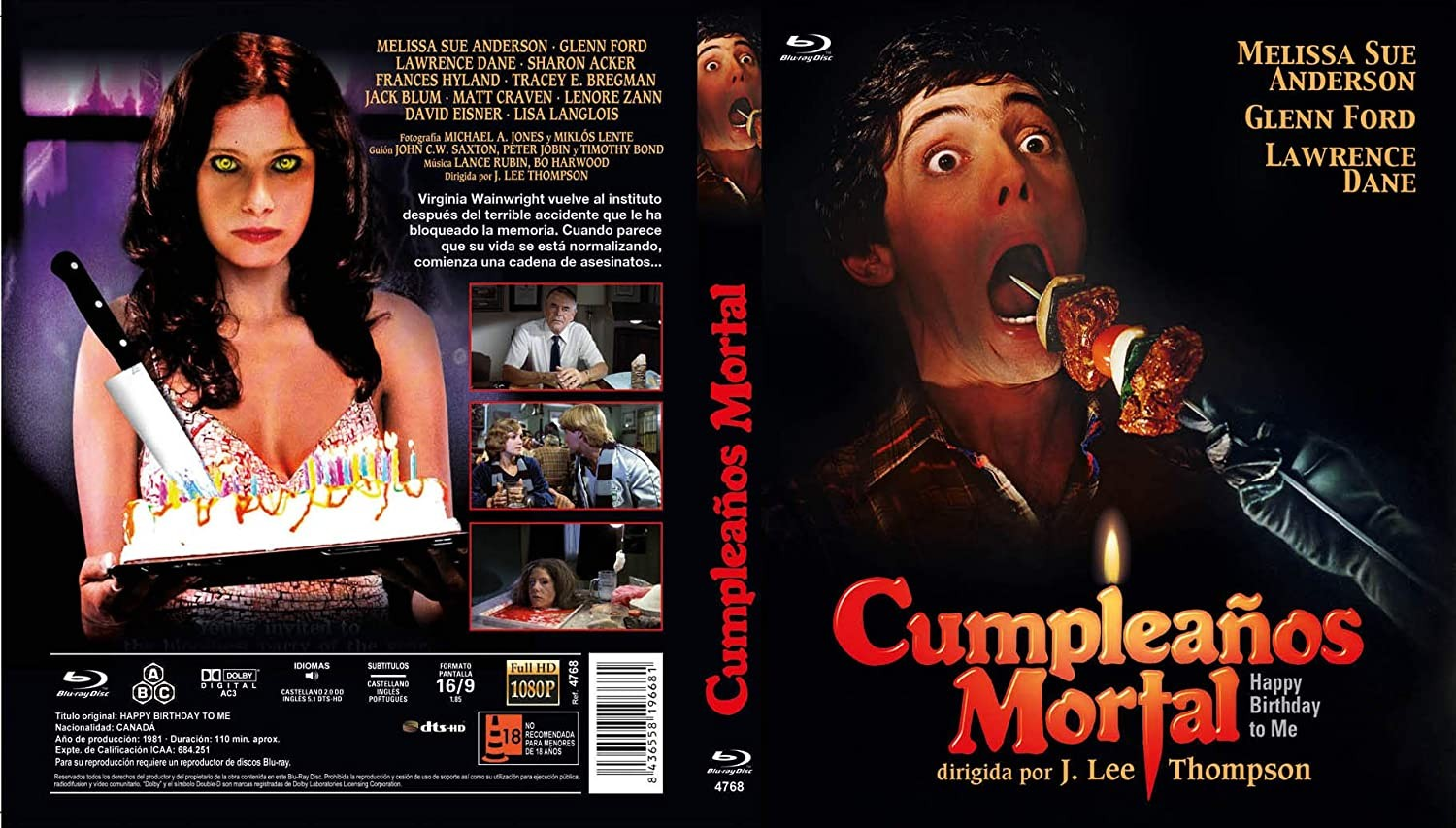 Carátula de Blu-ray de terror titulada Cumpleaños Mortal, que muestra a una mujer con un cuchillo y un hombre con una brocheta.