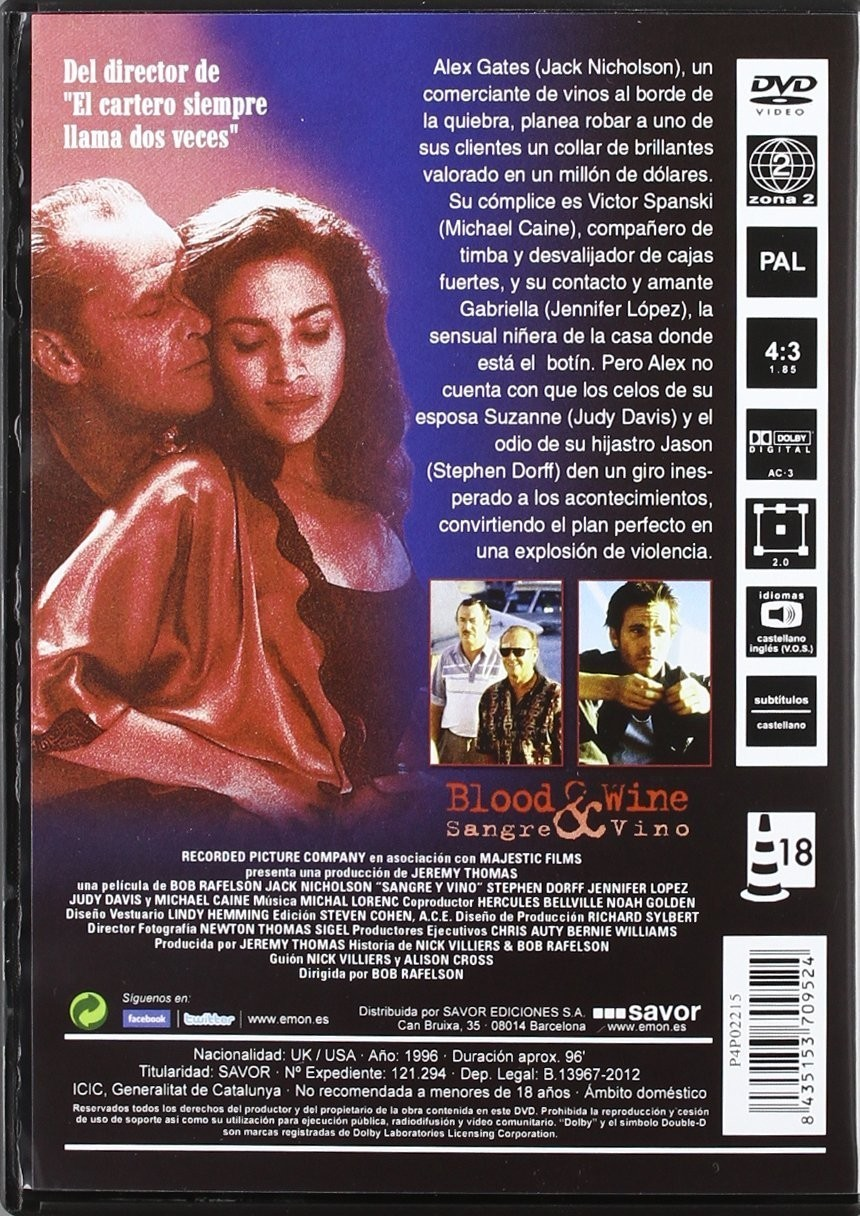 Contraportada del DVD de Sangre y vino con Jack Nicholson, Jennifer Lopez, fotos del reparto y sinopsis en español.