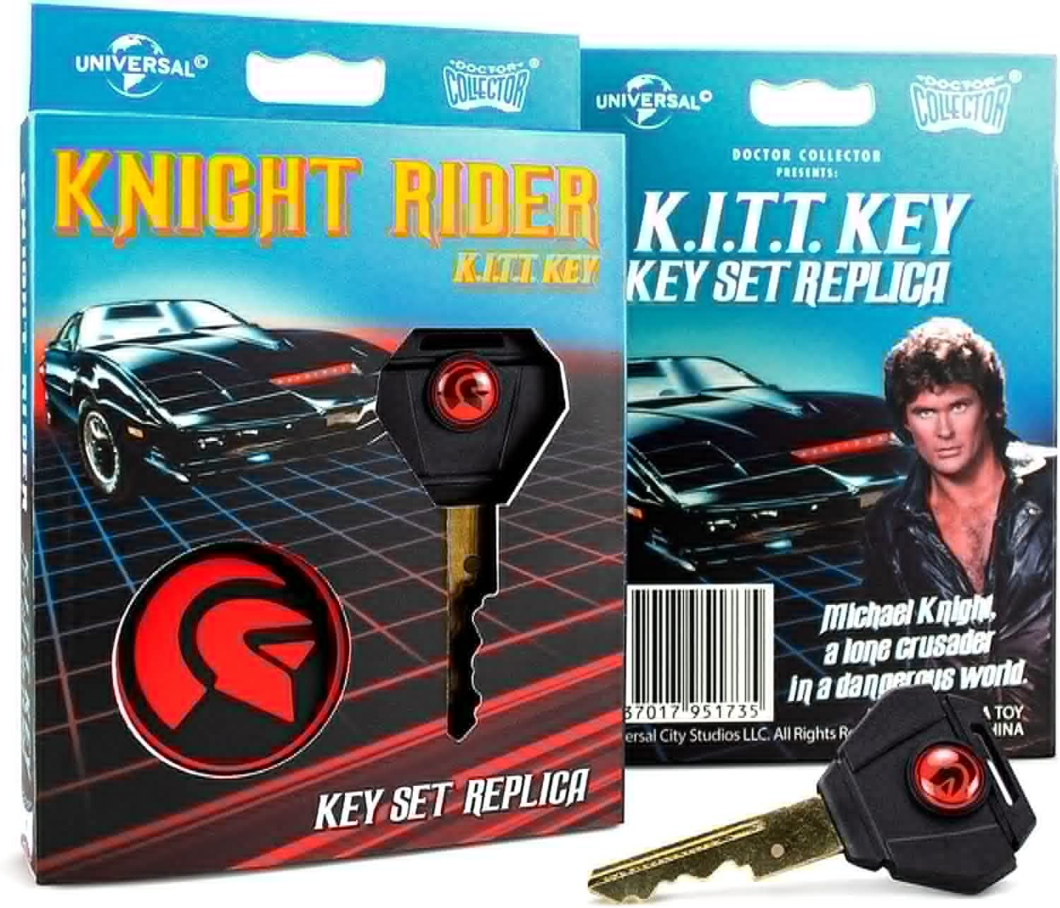 Réplica del juego de llaves Knight Rider K.I.T.T. en su empaque con auto y Michael Knight.