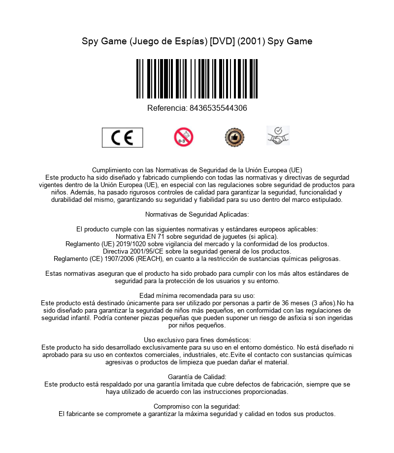 Información de producto con código de barras, marca CE y texto sobre normativas de seguridad de la UE.