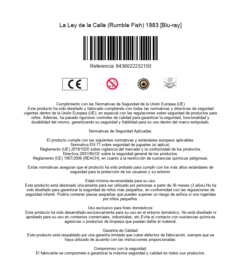 Informacion de producto con marca CE, codigo de barras y normas.