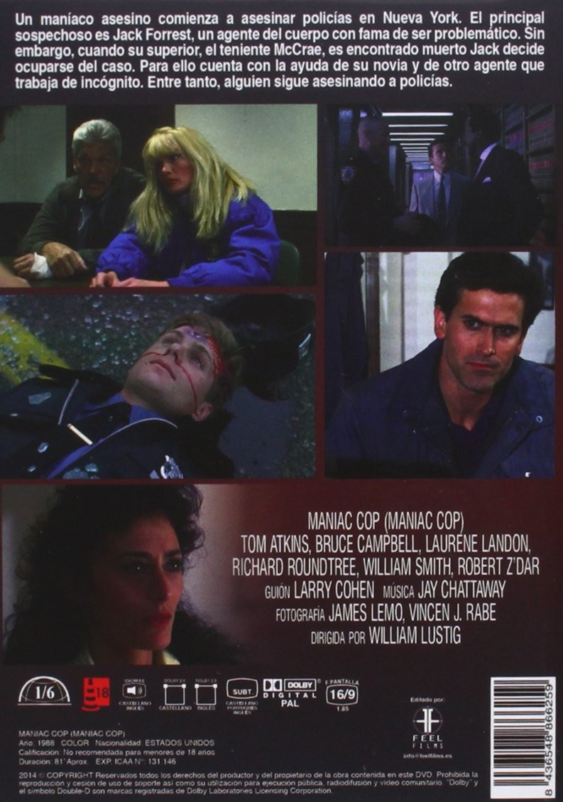 Contraportada de la película Maniac Cop con varias escenas, reparto y sinopsis en español.