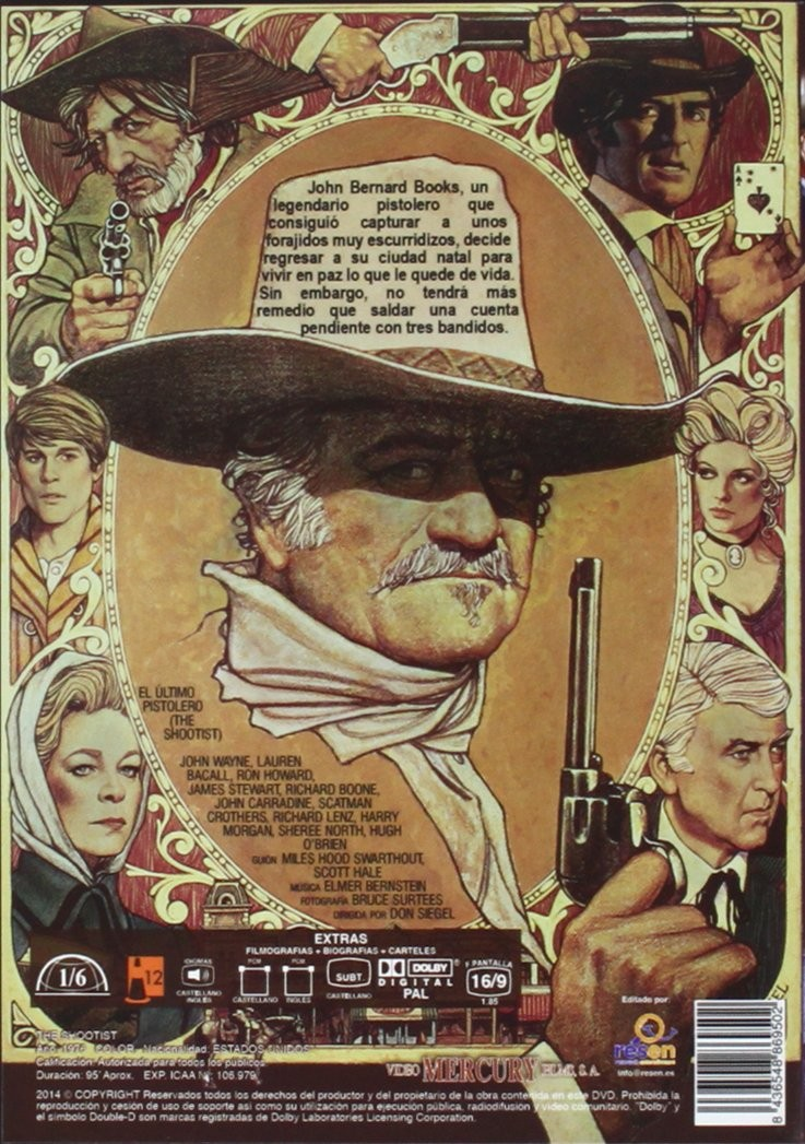Cartel de película del oeste con John Wayne, personajes secundarios, armas y texto en español.