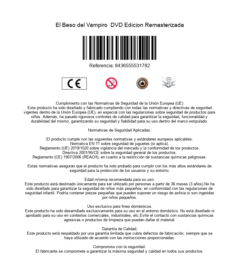 Hoja de información de seguridad del producto con código de barras y texto de conformidad.