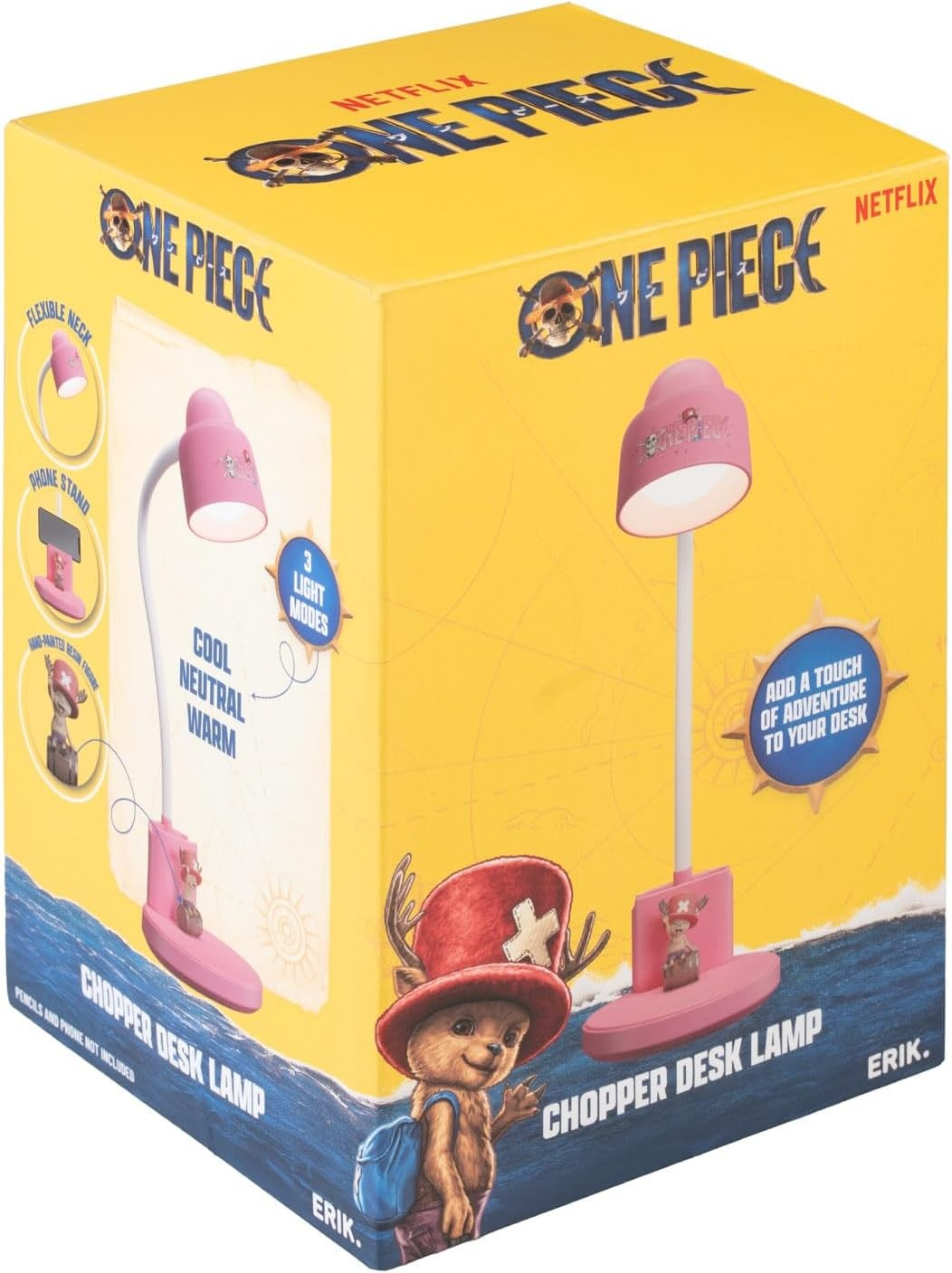 Gelbe Produktverpackung einer rosafarbenen One Piece Chopper-Schreibtischlampe mit Anime-Motiven.
