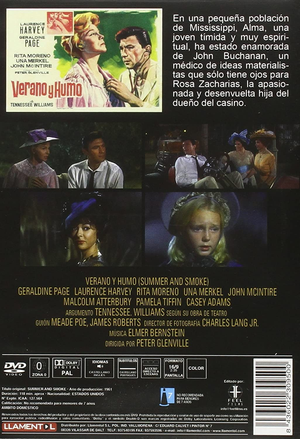 Caratula del DVD de la pelicula Verano y Humo con fotogramas, reparto y texto en español.