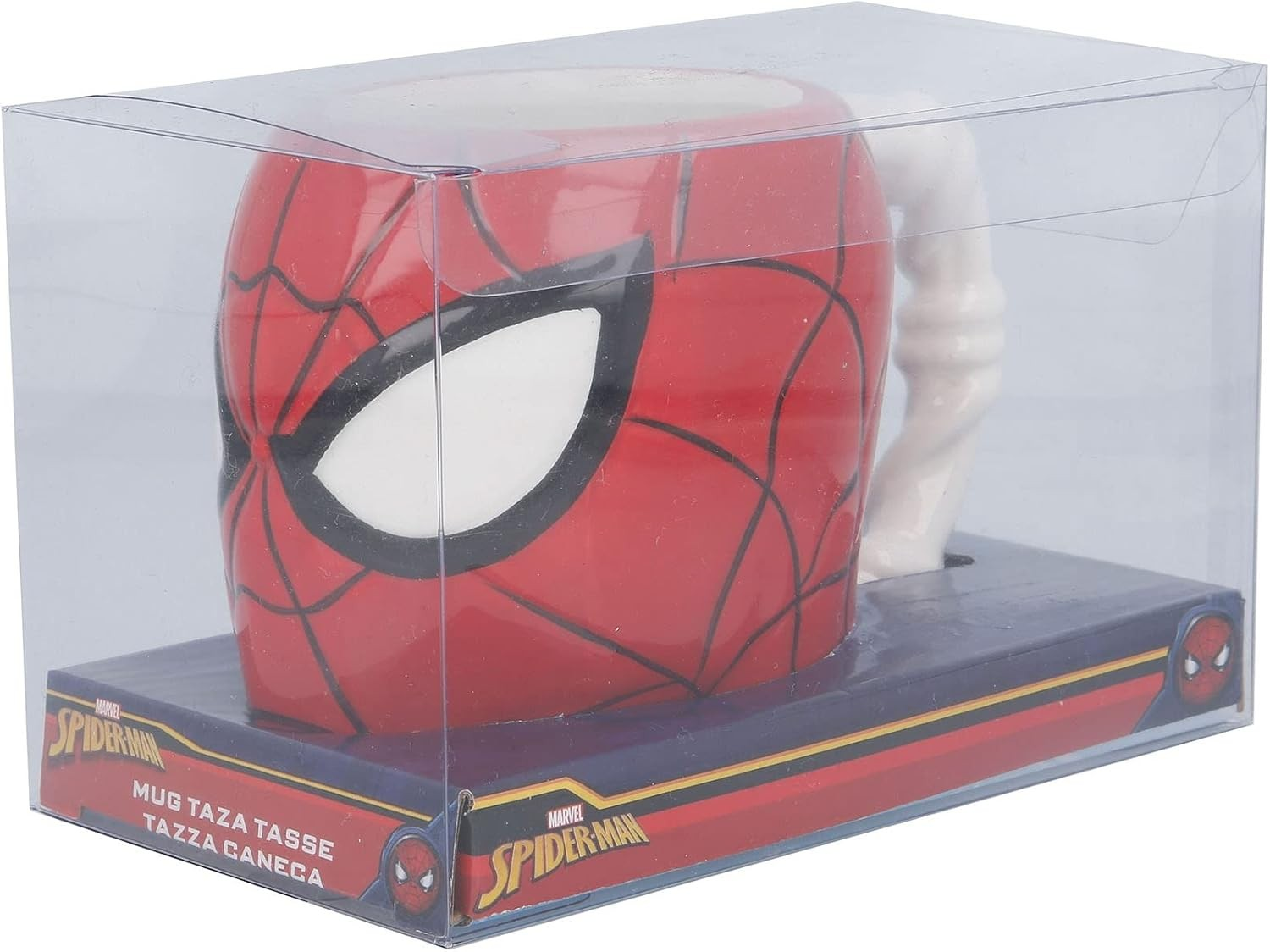 Eine Spider-Man-Tasse in roter und weißer Farbe mit schwarzem Netzmuster, verpackt in einer transparenten Box.