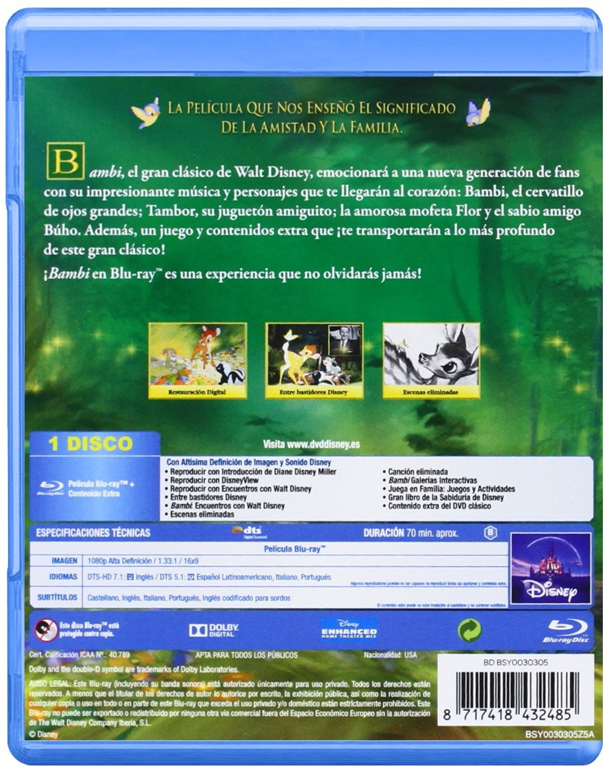 Parte trasera de una funda azul de Blu-ray de Bambi con texto, imágenes y detalles técnicos sobre fondo verde.