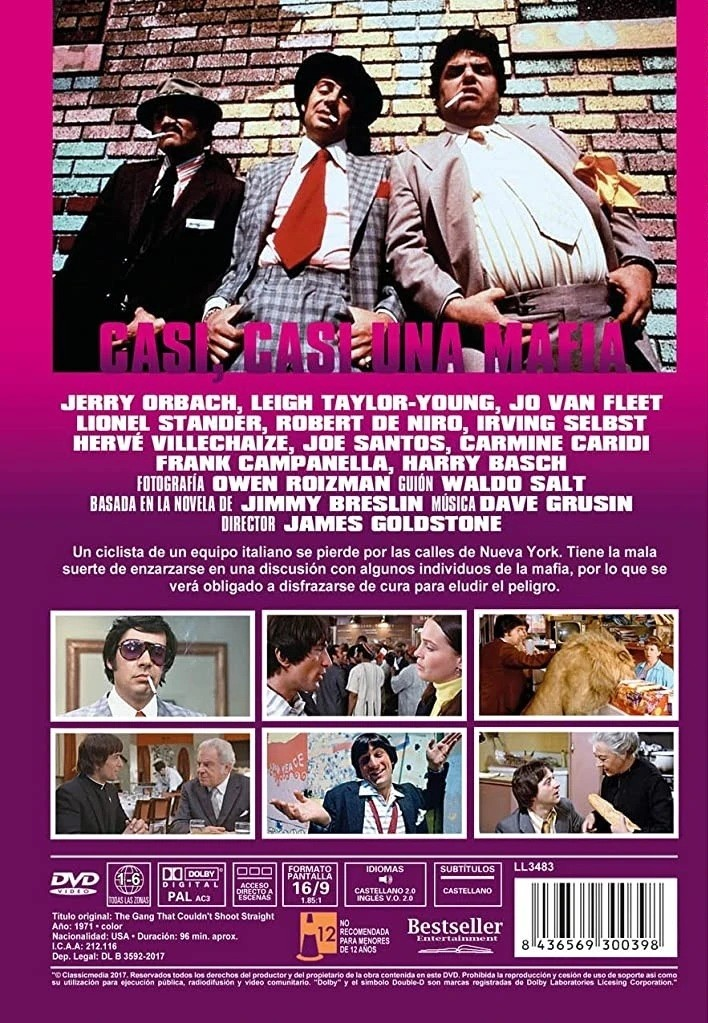 Contraportada de DVD con tres hombres en primer plano y seis escenas de películas abajo sobre fondo morado.