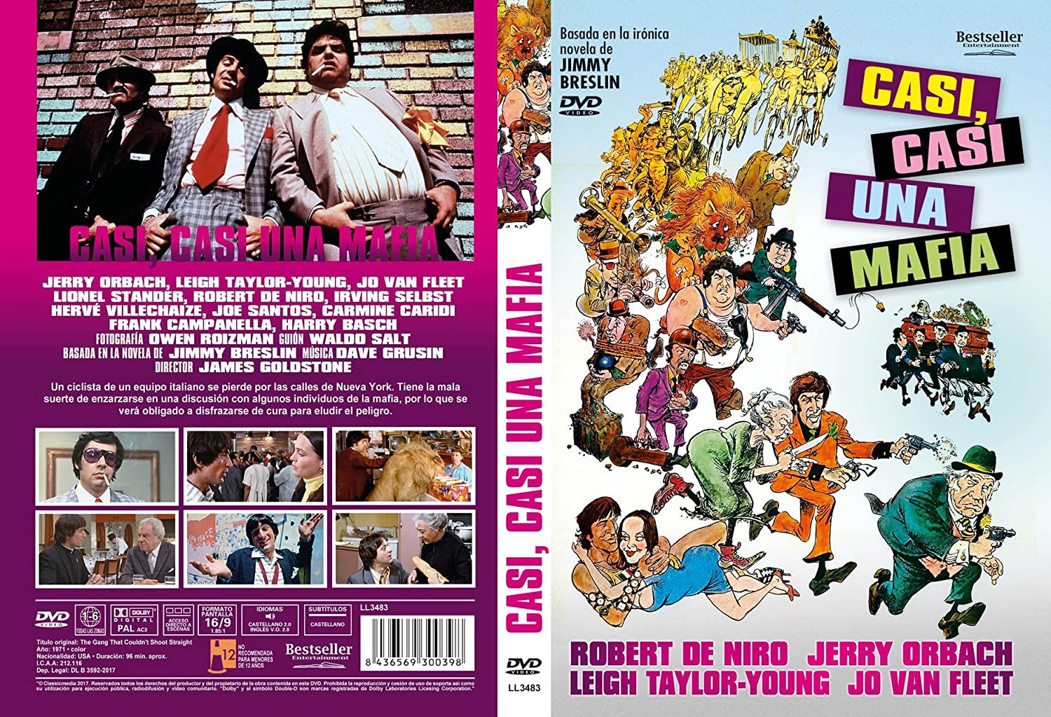 Caratula del DVD Casi, Casi Una Mafia con personajes en Nueva York e ilustraciones.