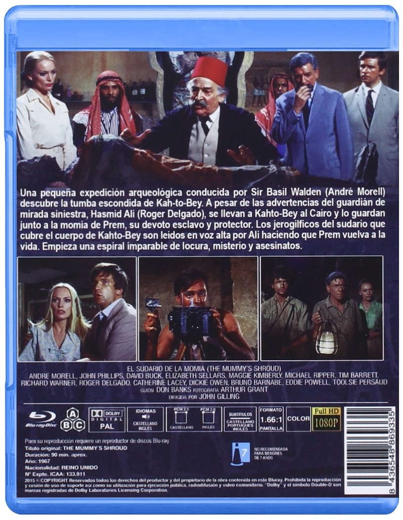 Contraportada de un Blu-ray de The Mummy's Shroud con fotogramas, sinopsis, reparto y especificaciones técnicas.