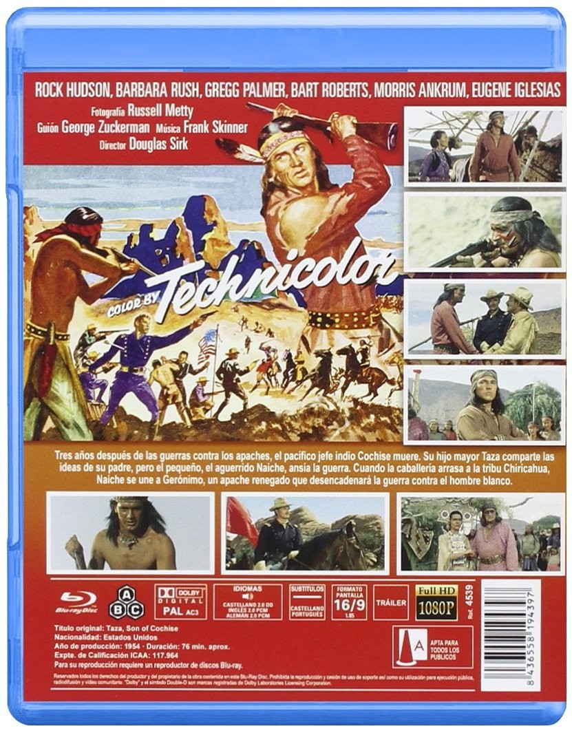 Contraportada de la caja de Blu-ray de la película Taza, hijo de Cochise, con escenas y texto.