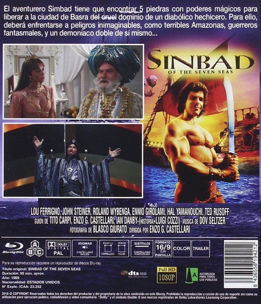 Caratula de DVD de Sinbad de los siete mares con escenas, reparto y un heroe con espada.