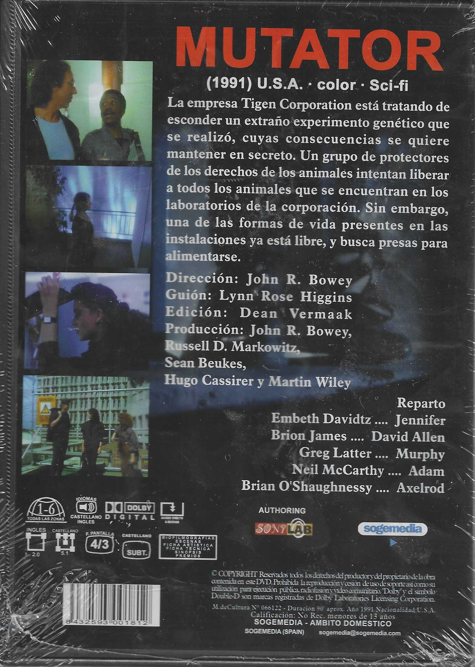 Contraportada de la pelicula Mutator con texto en espanol, creditos y tres pequenas fotos.