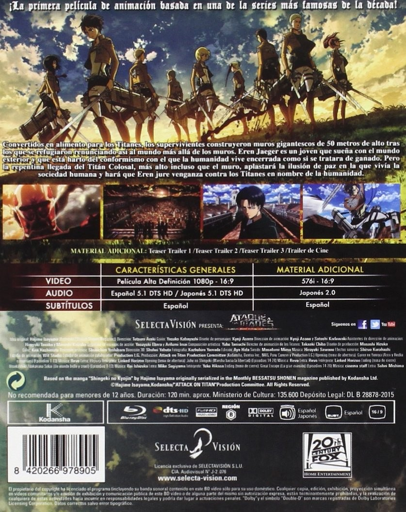 Carátula de DVD de Attack on Titan con personajes y escenas.