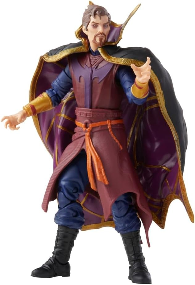 Figura de acción de Doctor Strange con túnica morada y capa negra, de pie con las manos levantadas.