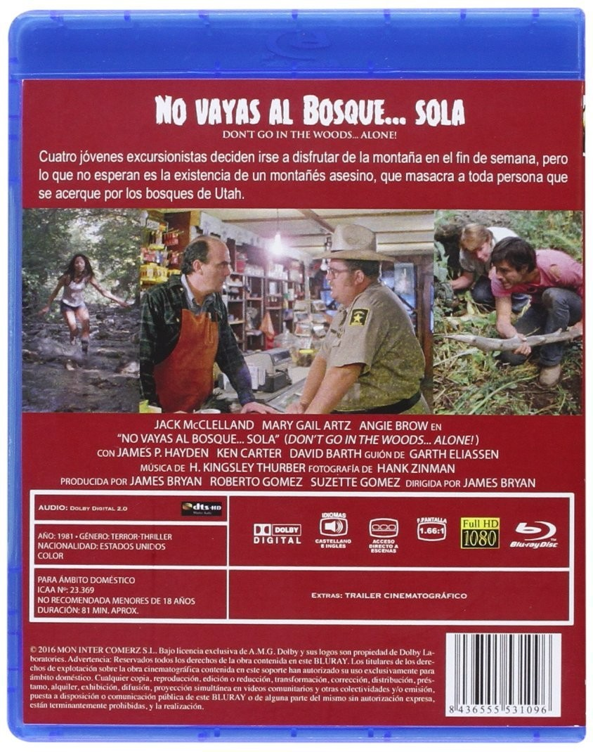 Contraportada de un Blu-ray de la película de terror 'No Vayas al Bosque... Sola' con imágenes y detalles.