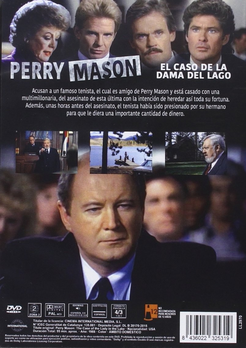 Contraportada de DVD de Perry Mason con retratos de personajes, escenas y texto.