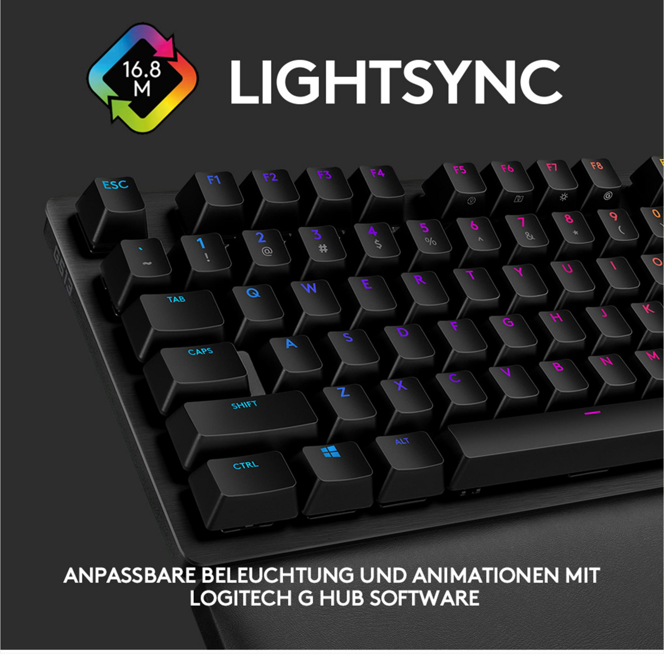 Tastiera da gioco meccanica nera con illuminazione personalizzabile, etichettata LIGHTSYNC e avviso software.