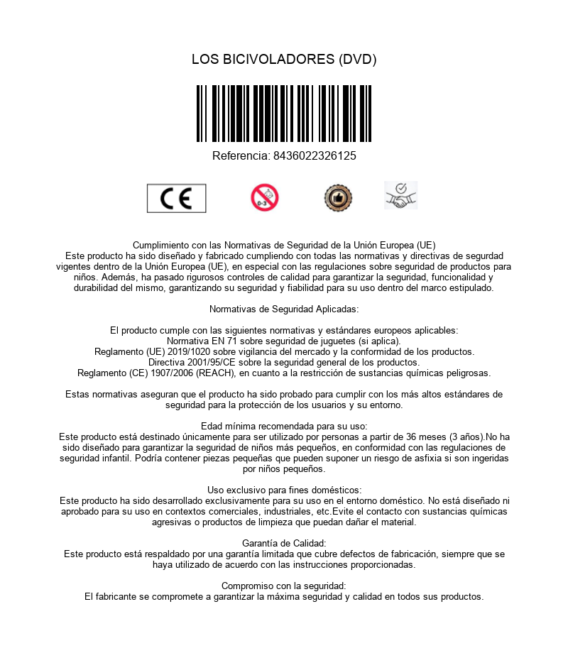 Información de producto DVD con código de barras, marca CE y normativa de seguridad.